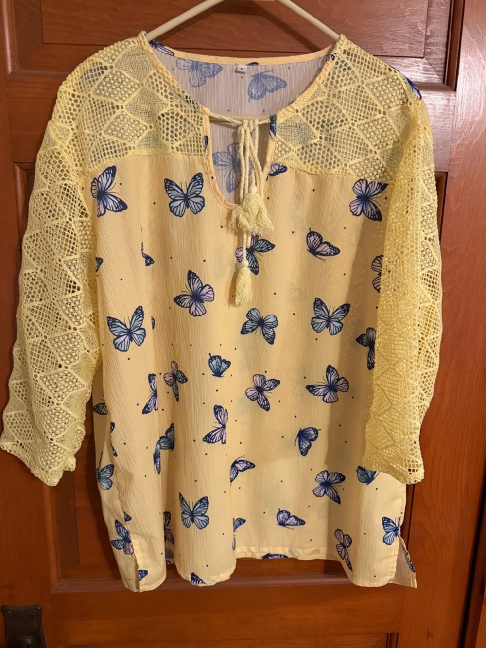 Yellow Butterfly Crochet-Sleeve Women's Top